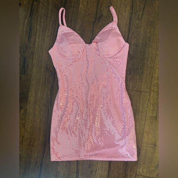 Pink Rhinestone Spaghetti Mini Dress - Picture 1 of 5